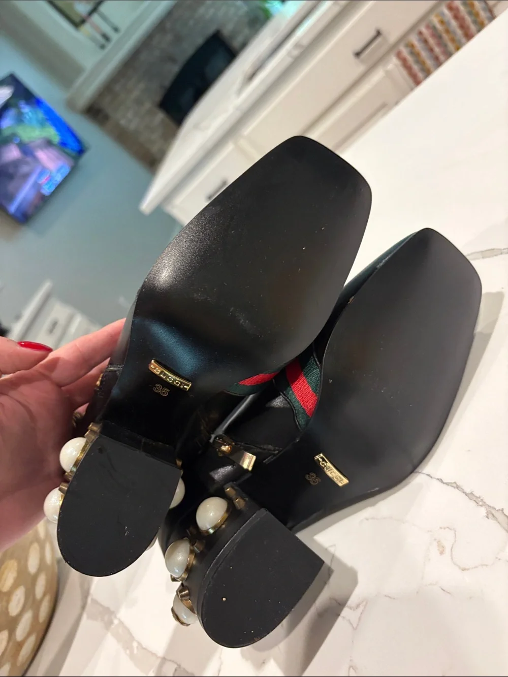 Gucci Black Leather Ankle Boots with Green and Red Web & Gold GG